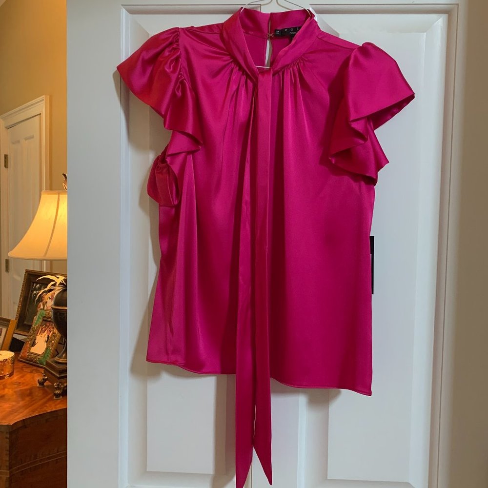 NWT - Hot Pink Posh Couture Satin Sheen Blouse with Tie Sz Med